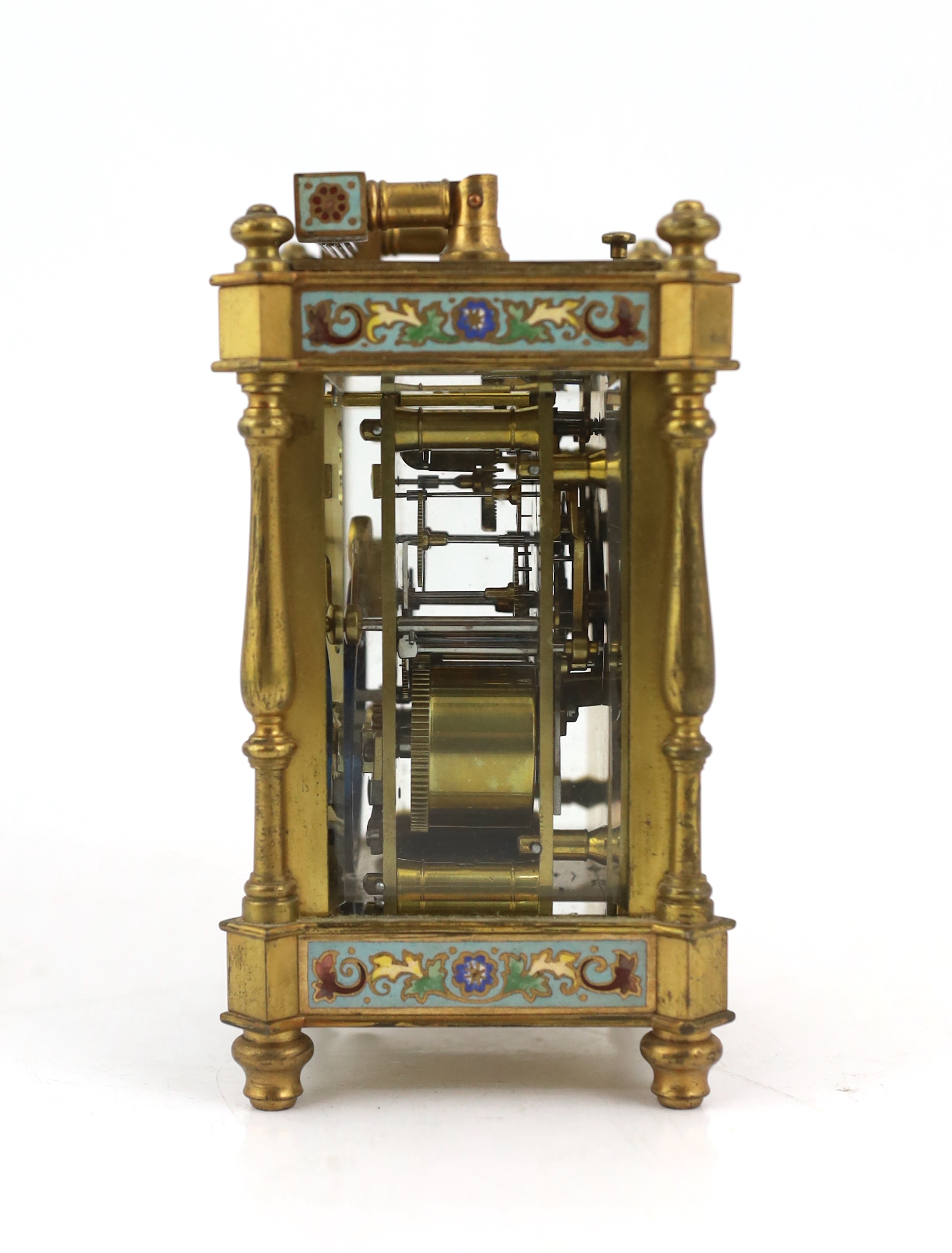 An early 20th century French ormolu and champlevé enamel hour repeating carriage clock